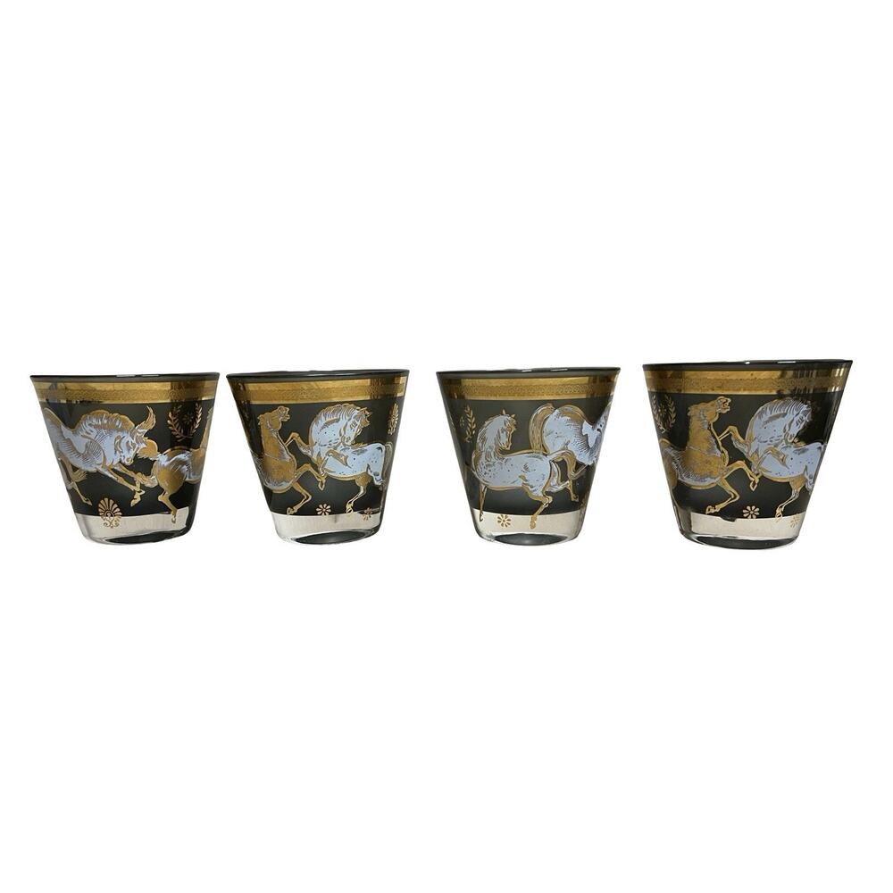 Set of 4 Vtg MCM Culver Ming Wild Horses Lowball Rocks Glasses Smoky 22K Gold